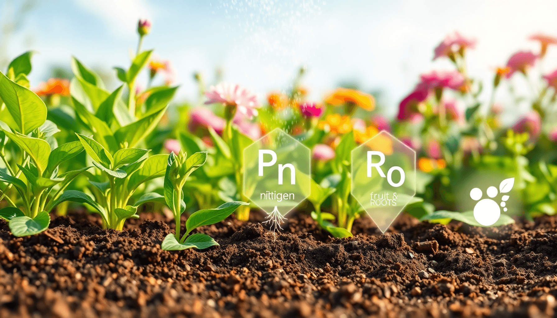 Lush garden with green plants, blooming flowers, fertiliser granules sprinkled, and glowing icons for nitrogen, phosphorus, and potassium nutrients. Lush garden with green plants, blooming flowers, fertiliser granules sprinkled, and glowing icons for nitrogen, phosphorus, and potassium nutrients.