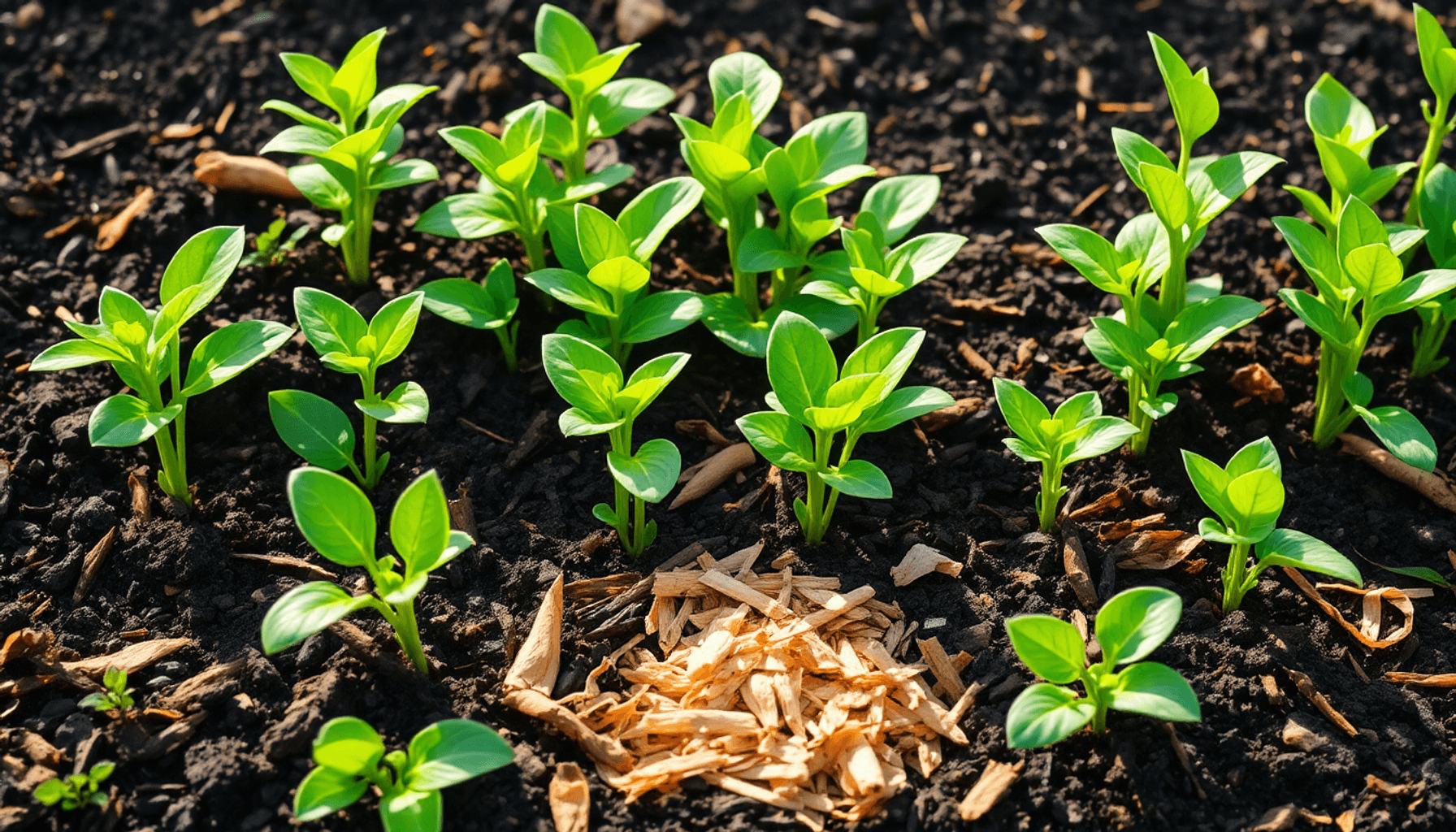 Lush garden with green plants in dark soil, surrounded by coconut husks, wood chips, and plant waste, bathed in soft sunlight, showcasing sustainab… Lush garden with green plants in dark soil, surrounded by coconut husks, wood chips, and plant waste, bathed in soft sunlight, showcasing sustainab...