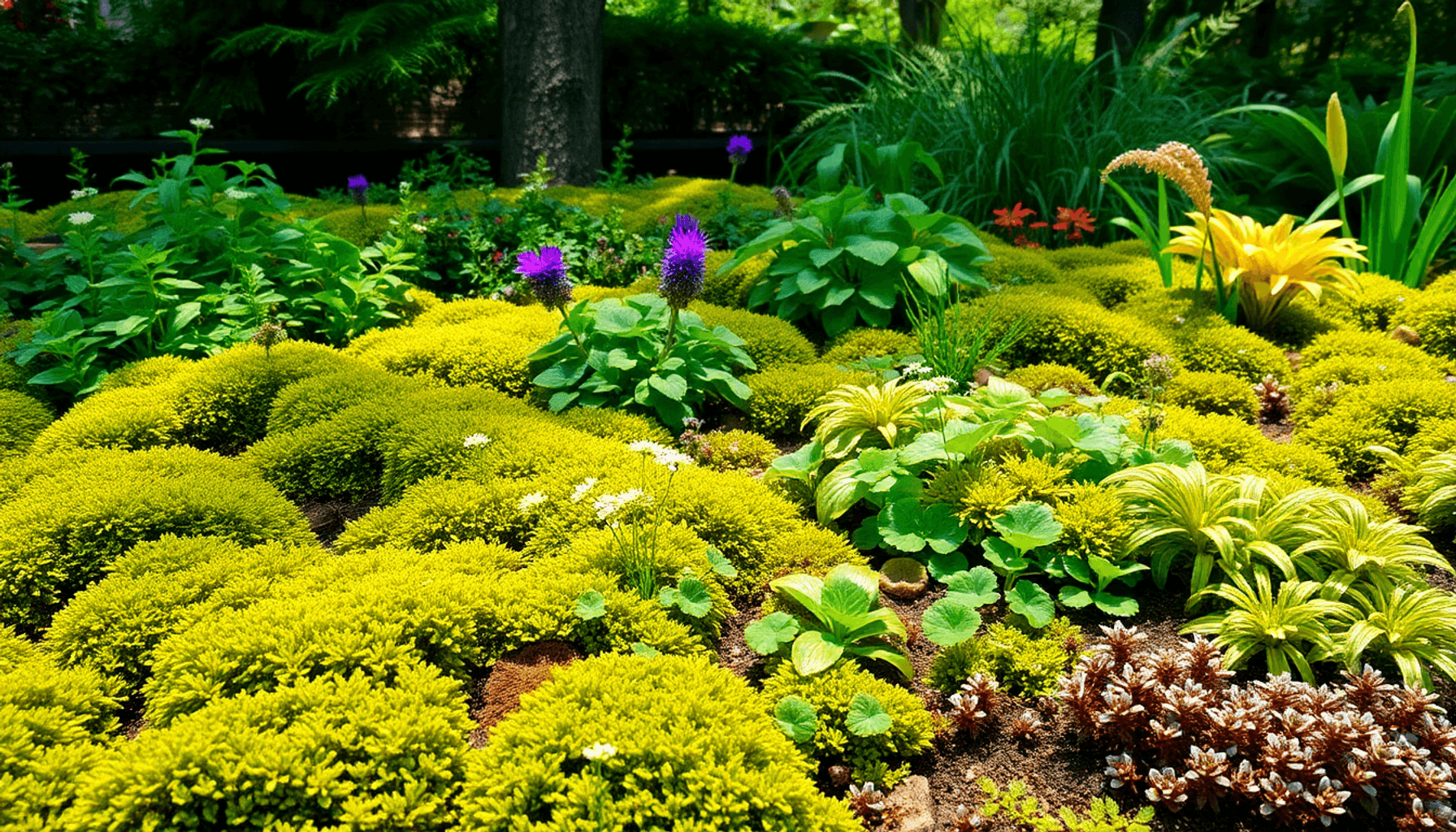 Lush garden with ground covers like herbs, moss, clover, golden creeping jenny, and sedum under soft sunlight filtering through trees.