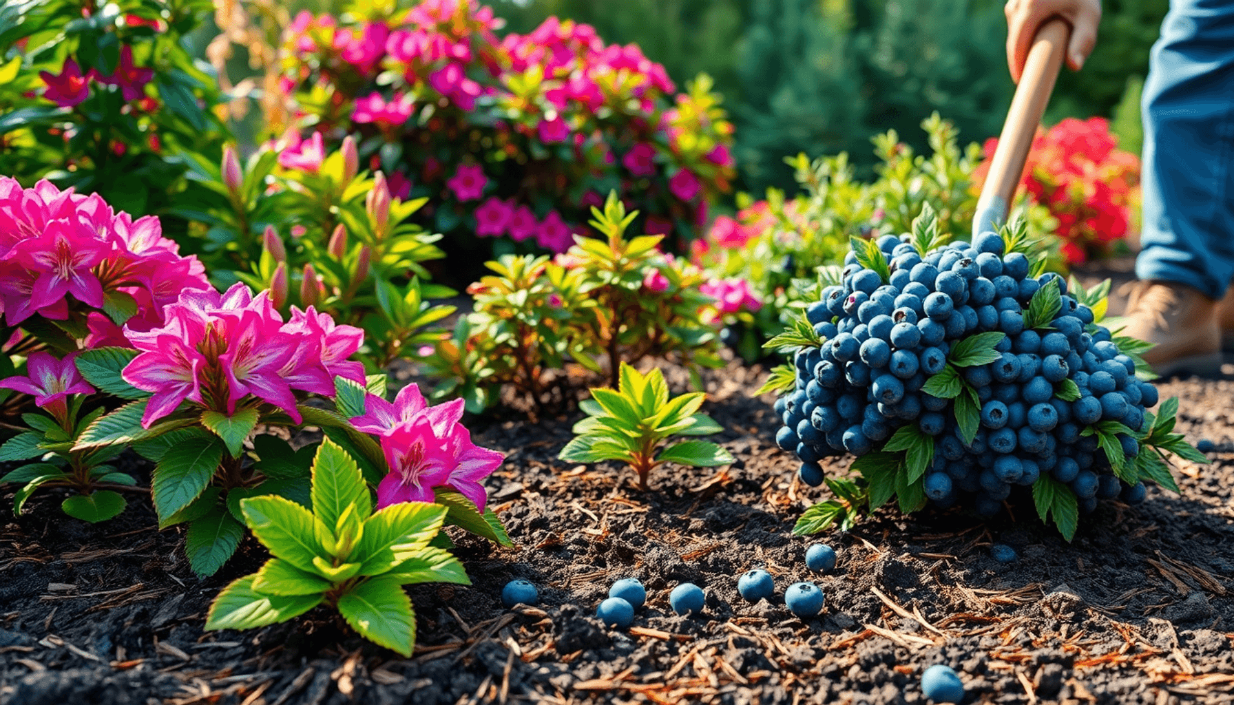 Lush garden with rhododendrons, azaleas, blueberries in dark soil; gardener planting shrubs amid pine needles and mulch under soft sunlight. Lush garden with rhododendrons, azaleas, blueberries in dark soil; gardener planting shrubs amid pine needles and mulch under soft sunlight.