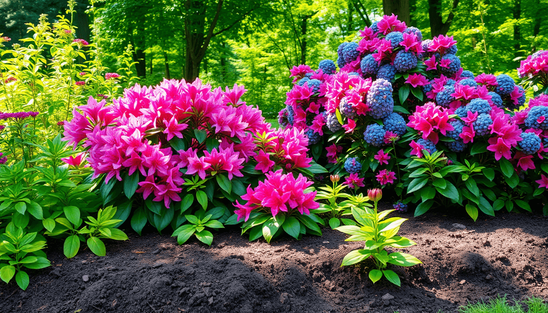 Lush garden with rhododendrons, azaleas, blueberry bushes in rich soil, dappled sunlight filtering through partial shade, showcasing a healthy envi… Lush garden with rhododendrons, azaleas, blueberry bushes in rich soil, dappled sunlight filtering through partial shade, showcasing a healthy envi...