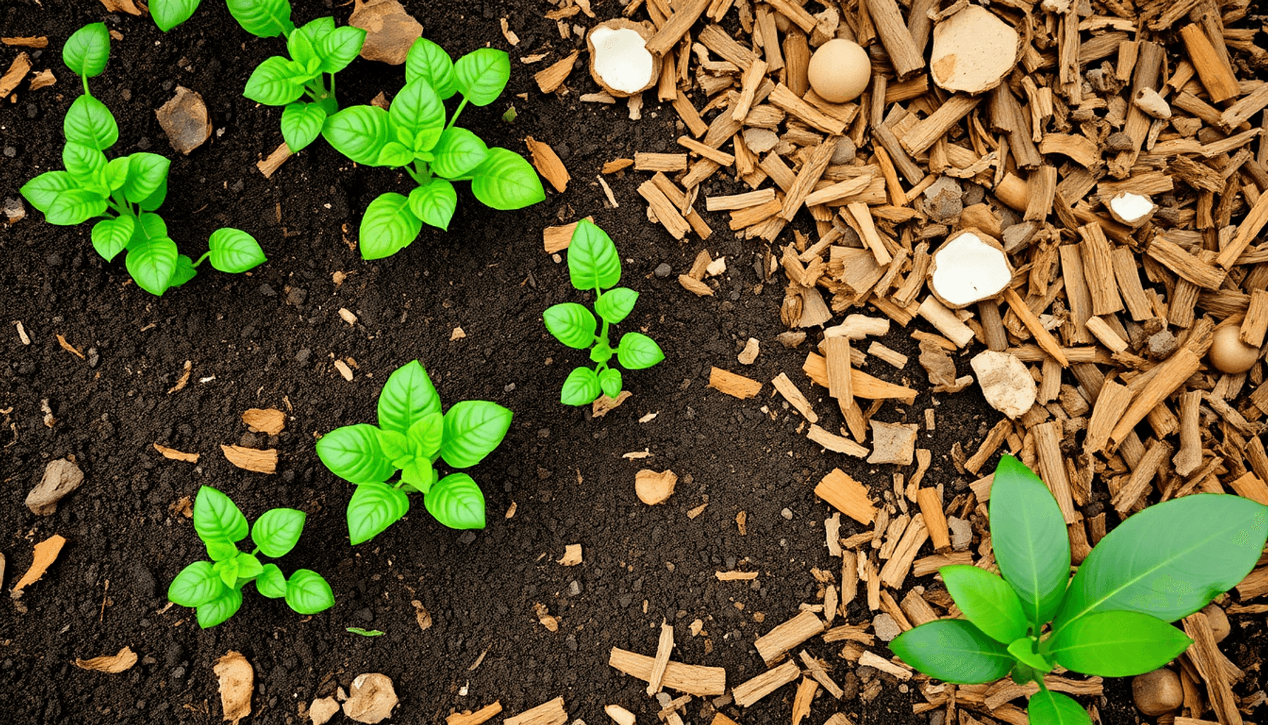 Lush garden with thriving plants in dark soil, surrounded by wood chips, coconut husks, and green leaves, illustrating sustainable, peat-free compo… Lush garden with thriving plants in dark soil, surrounded by wood chips, coconut husks, and green leaves, illustrating sustainable, peat-free compo...