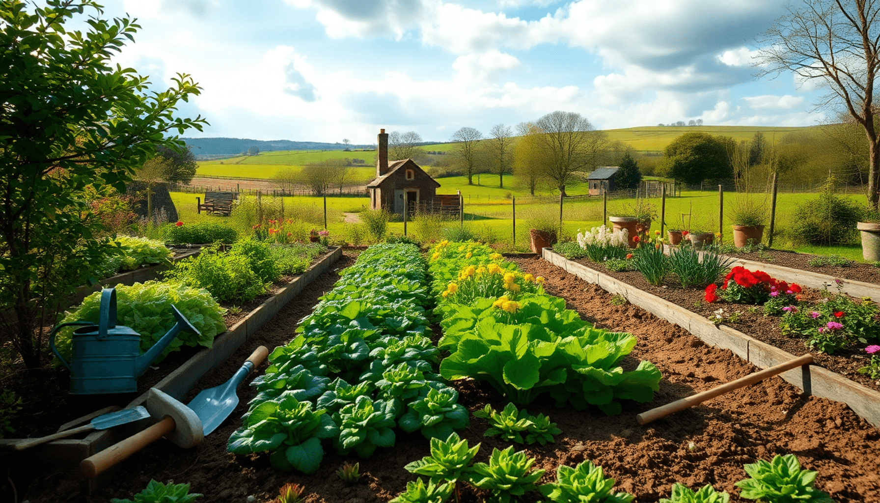 Lush garden with vegetables and flowers in neat beds, gardening tools on soil, under soft sunlight, with rolling hills and a partly cloudy sky in t...