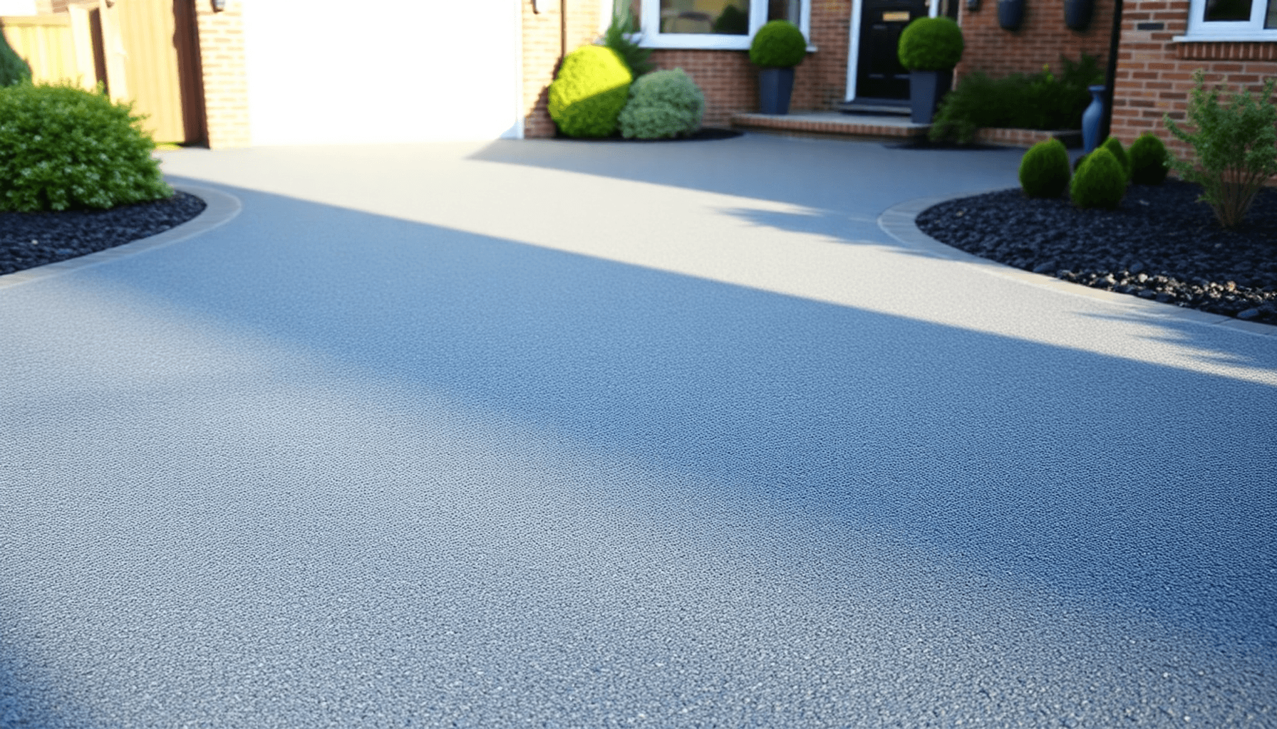 Newly installed smooth tarmac driveway with neat landscaping and soft daylight highlighting textures and shadows in a residential UK setting. Newly installed smooth tarmac driveway with neat landscaping and soft daylight highlighting textures and shadows in a residential UK setting.