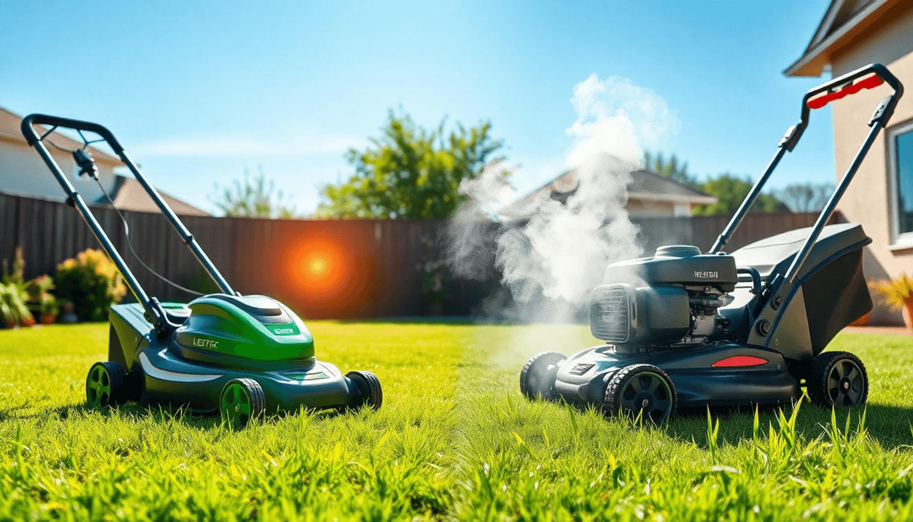 Split garden scene with a modern electric mower and glowing battery on one side, and a petrol mower with exhaust mist on the other, under a sunny b… Split garden scene with a modern electric mower and glowing battery on one side, and a petrol mower with exhaust mist on the other, under a sunny b...