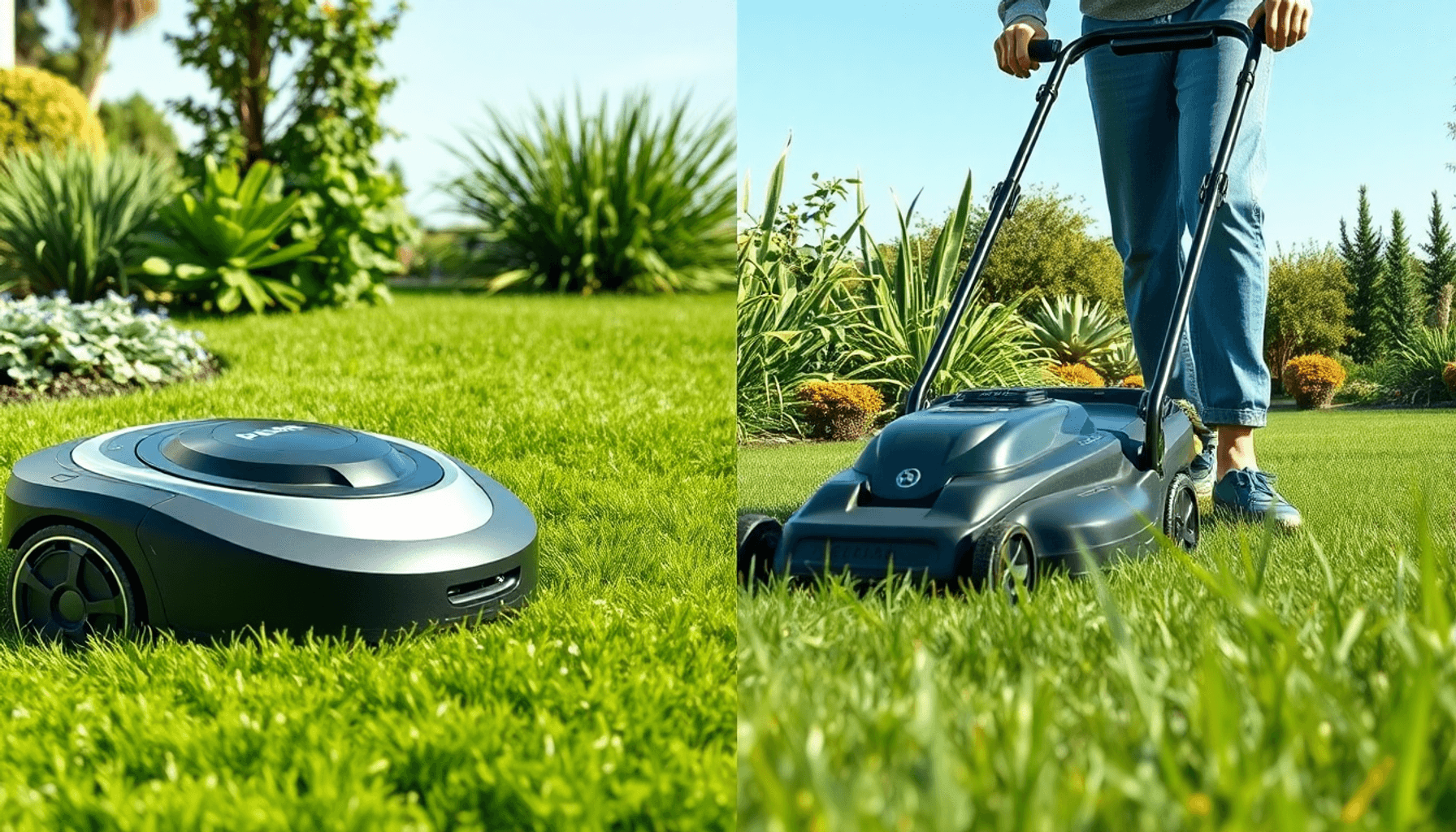 Split image of a robot lawn mower and a person using a push mower on vibrant green lawns under bright daylight. Split image of a robot lawn mower and a person using a push mower on vibrant green lawns under bright daylight.