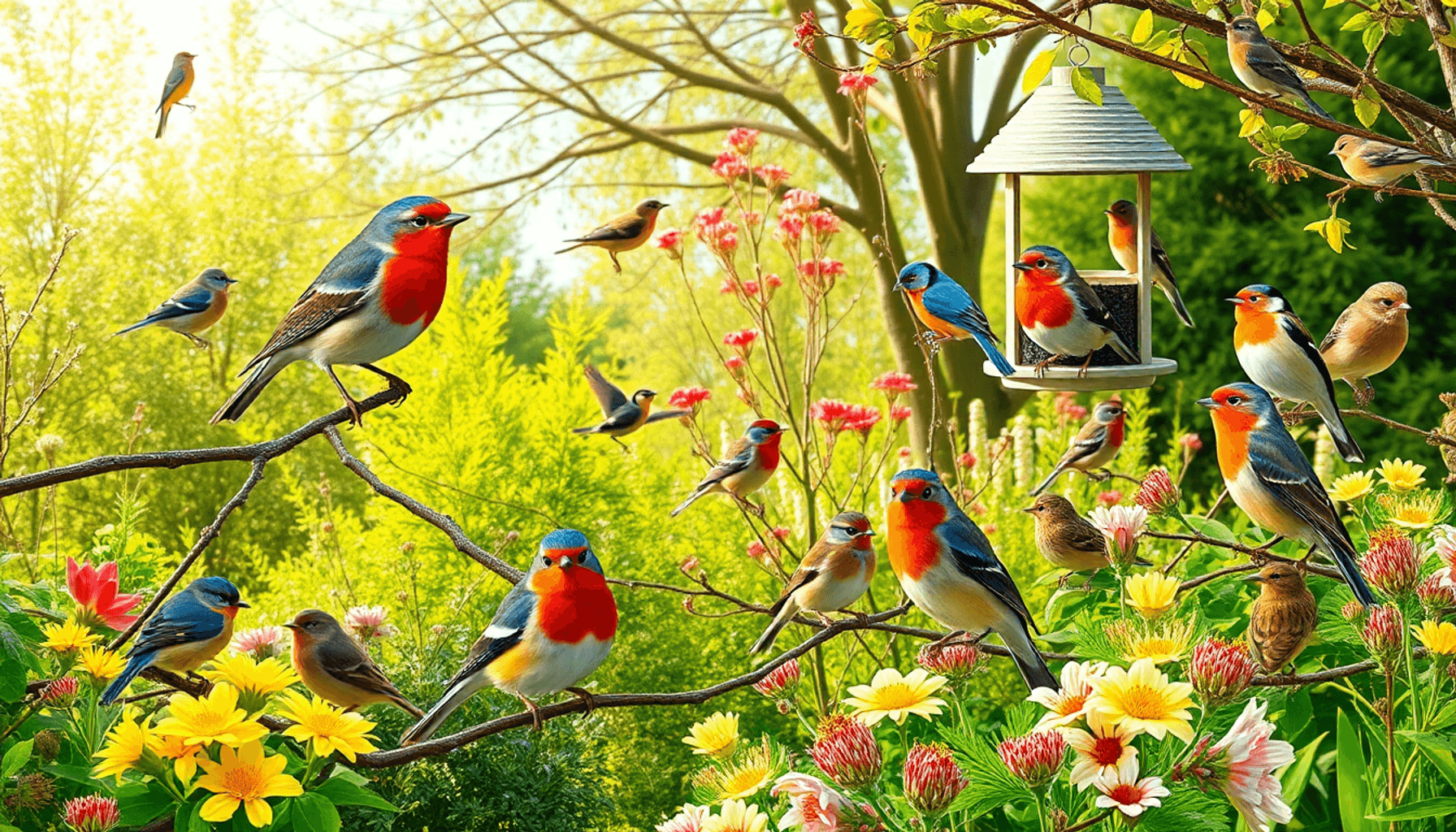 Sunlit British garden with colorful birds perched on branches and feeders amidst lush green trees and blooming flowers in early spring. Sunlit British garden with colorful birds perched on branches and feeders amidst lush green trees and blooming flowers in early spring.