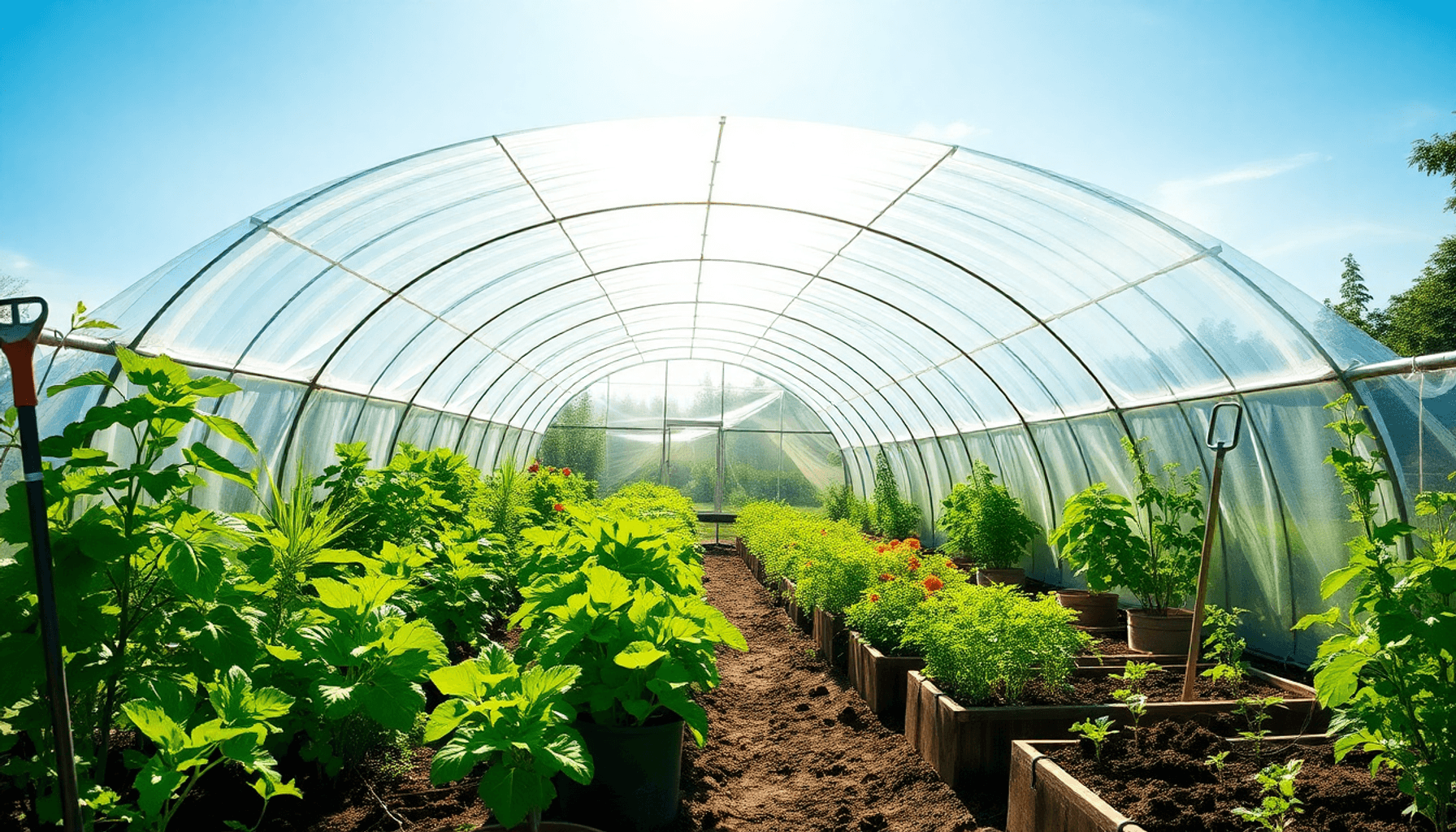 Sunlit garden with a large curved polytunnel housing vibrant green plants and colorful vegetables under a translucent plastic cover. Sunlit garden with a large curved polytunnel housing vibrant green plants and colorful vegetables under a translucent plastic cover.
