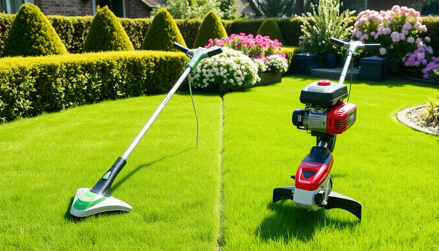 Two grass trimmers, one cordless and one petrol-powered, side by side on green grass with trimmed hedges and blooming flowers in bright daylight. Two grass trimmers, one cordless and one petrol-powered, side by side on green grass with trimmed hedges and blooming flowers in bright daylight.