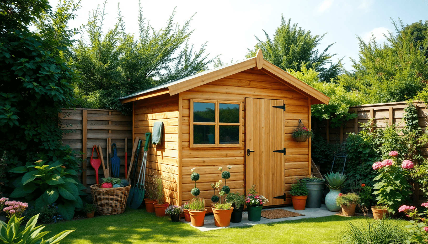 Wooden garden shed in a lush green garden with gardening tools and vibrant plants under a bright, clear sky.