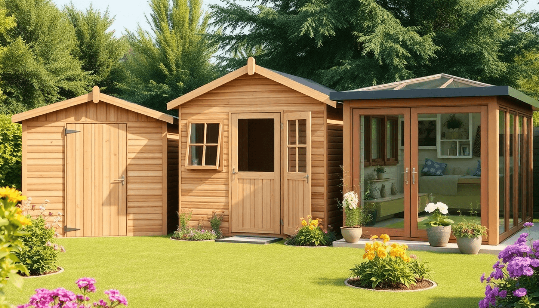 Three garden buildings side by side: a wooden shed, a timber summer house with decorative windows, and a modern glass-paneled garden room, surround...